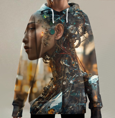 Женщина киборг технологический портрет реалистичный стиль, Hoodie Long Oversize 3D