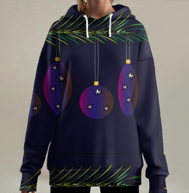 Новогодние шарики на зеленой ветке синие и фиолетовые, Hoodie Long Oversize 3D
