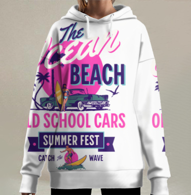 Пляж океан старые машины летний фестиваль ловя волну, Hoodie Long Oversize 3D