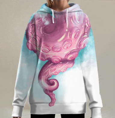 Розовое щупальце осьминога из облаков, Hoodie Long Oversize 3D