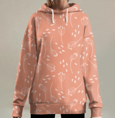 Нежные коралловые веточки с кремовыми каплями на фоне, Hoodie Long Oversize 3D