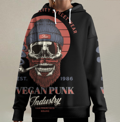 Панк череп веган стиль вязаной шапки, Hoodie Long Oversize 3D