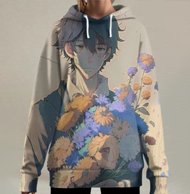 Грустный молодой человек с цветами в руках меланхолия задумчивость, Hoodie Long Oversize 3D
