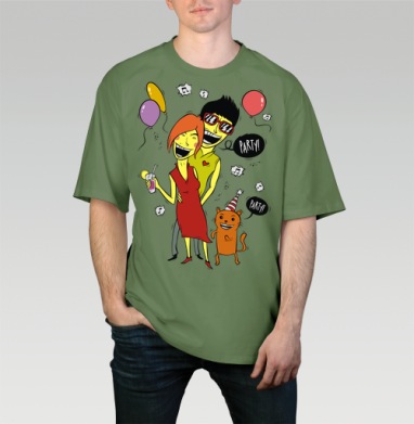 Pop art вечеринка / Party с женщиной мужчиной и рыжим котом PARTY ТУСУЕМСЯ, Футболка мужская оверсайз оливковая