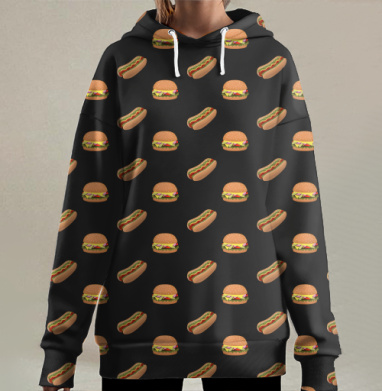 Веселые гамбургеры и хот-доги на черном фоне, Hoodie Long Oversize 3D