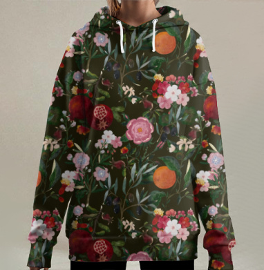 Паттерн с цветами и фруктами юга природы сада, Hoodie Long Oversize 3D