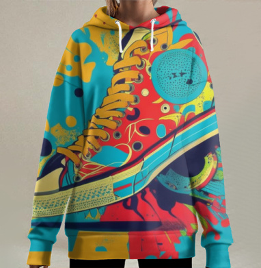 Яркий красочный кед в стиле поп арт на ярком фоне, Hoodie Long Oversize 3D