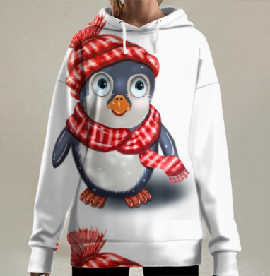 Зимний пингвин в шапке и шарфе для теплоты, Hoodie Long Oversize 3D