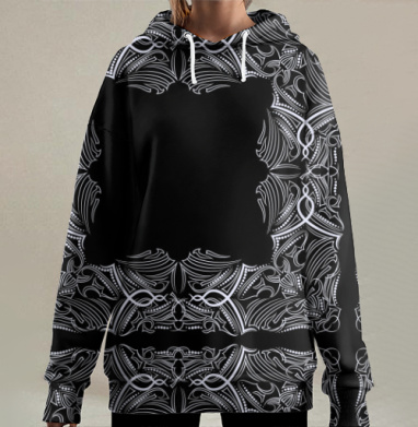 Белая Пинстрайпинг Квадратная Рамка Черный Фон, Hoodie Long Oversize 3D