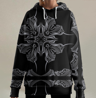 Черно белый узор изящной строгой симметрии, Hoodie Long Oversize 3D