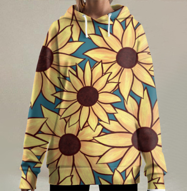 Подсолнухи желтые на голубом фоне сочные теплые подсолнухи, Hoodie Long Oversize 3D