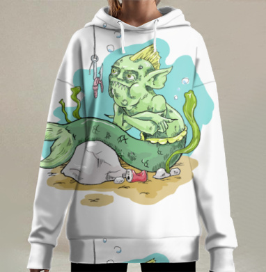 Морской гоблин у камня указывает на приманку на крючке, Hoodie Long Oversize 3D