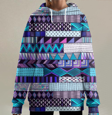 Богатый узор пэчворк с этническими мотивами, Hoodie Long Oversize 3D