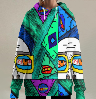 Усталый взгляд сквозь яркие порталы на фоне зеленого и синего, Hoodie Long Oversize 3D