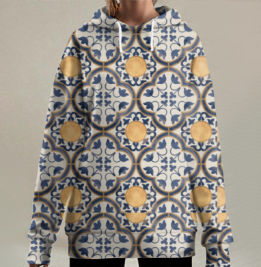 Классический синий желтый бежевый узор плитки, Hoodie Long Oversize 3D