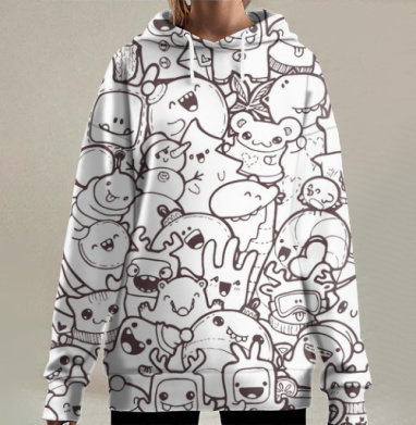Праздничный принт с дудлами, Hoodie Long Oversize 3D