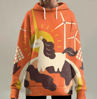 Забавный единорог стоит на планете Земля, Hoodie Long Oversize 3D