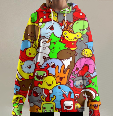 Прикольный праздничный принт с дудлами цветной, Hoodie Long Oversize 3D