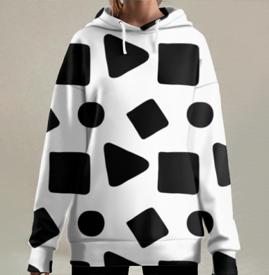 Черные геометрические фигуры на сером фоне на подушку, Hoodie Long Oversize 3D