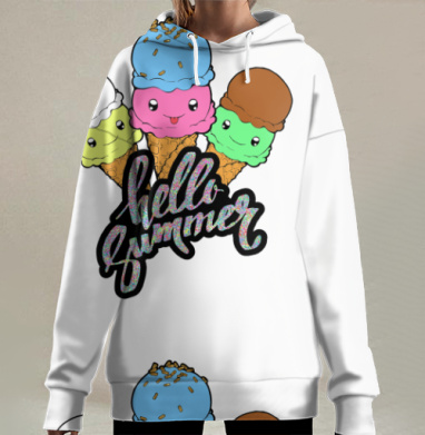 Весёлое мороженое на летнем фоне hello summer, Hoodie Long Oversize 3D