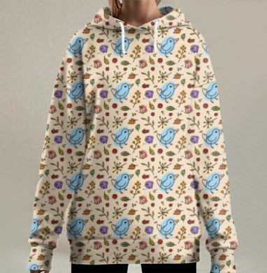 Голубые птицы и птенцы среди осенних веточек цветов листьев, Hoodie Long Oversize 3D