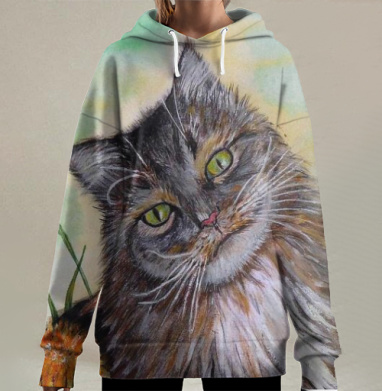 Пушистый кот на зелёной лужайке в одуванчиках, Hoodie Long Oversize 3D