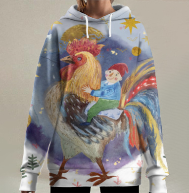 Гном верхом на большом разноцветном петухе в ночном, Hoodie Long Oversize 3D