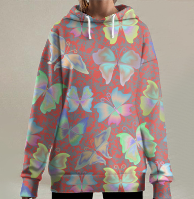 Разноцветные бабочки на серо красном фоне бесшовный принт, Hoodie Long Oversize 3D