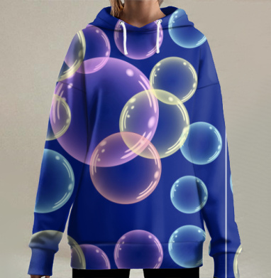 Воздушные мыльные пузыри на синем фоне все еще, Hoodie Long Oversize 3D