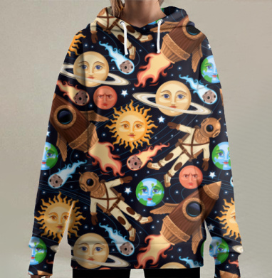 Винтажное космическое путешествие с очеловеченными планетами, Hoodie Long Oversize 3D
