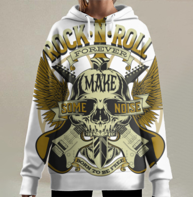 Мощный рок н ролл череп с гитарами крыльями, Hoodie Long Oversize 3D
