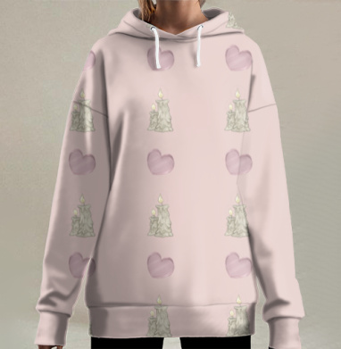 Нежные свечи и сердечки на розовом фоне, Hoodie Long Oversize 3D