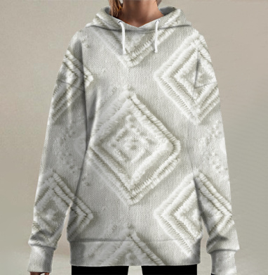 Текстильная вышивка геометрическим узором белые ромбы, Hoodie Long Oversize 3D