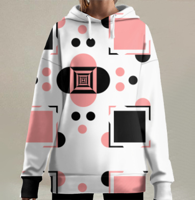 Розовые геометрические фигуры на черном фоне с серым оттенком, Hoodie Long Oversize 3D