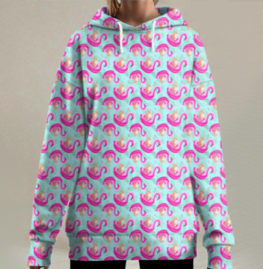 Летний паттерн с розовыми фламинго и коктейлями, Hoodie Long Oversize 3D