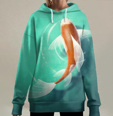 Одинокая кои на изумрудной воде, Hoodie Long Oversize 3D