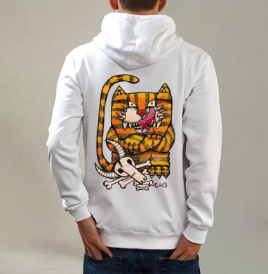 Badass Striped Cat / Дерзкий полосатый кот триумф инстинкта кошачьих, Толстовка на молнии, печать на спине. муж. белая v3 320гр