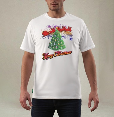 Яркая новогодняя елка с оленями и Merry Christmas надписью, Футболка мужская REGULAR белая