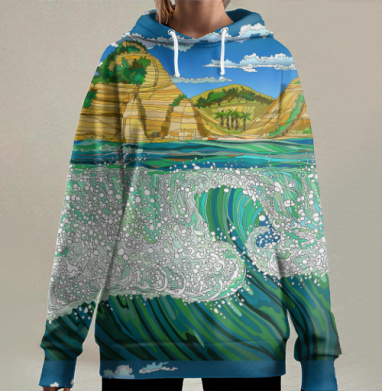 Динамичное буйство морской волны у побережья, Hoodie Long Oversize 3D