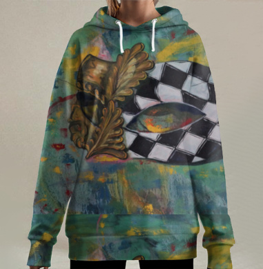 Венецианская маска с золотыми деталями и шахматным узором, Hoodie Long Oversize 3D
