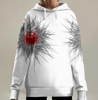 Красный шар центральный динамичный черный линии острые, Hoodie Long Oversize 3D