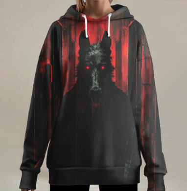 Мрачный цифровой портрет Волка в Тени, Hoodie Long Oversize 3D