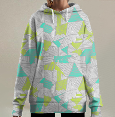 Геометрические треугольники с белым зеленым голубым на сером фоне, Hoodie Long Oversize 3D