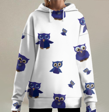 Синие совы на сером фоне для детей, Hoodie Long Oversize 3D