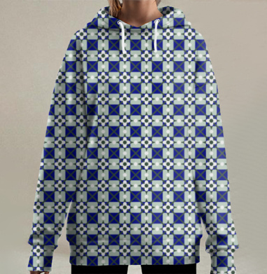 Синяя клетка с цветочными узорами и крестами узорами, Hoodie Long Oversize 3D