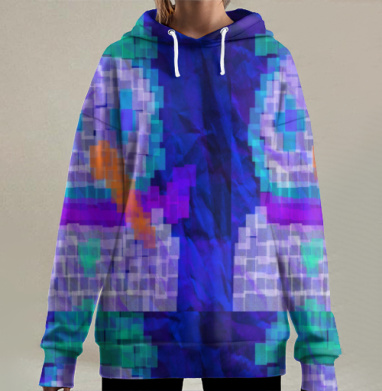 Пиксельный снеговик с оранжевым носом и фиолетовым шарфом, Hoodie Long Oversize 3D