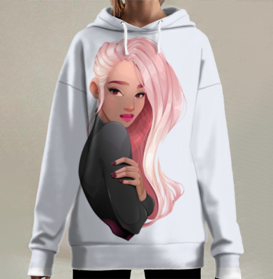 Розовые волосы у женщины в задумчивом образе в задумчивом образе, Hoodie Long Oversize 3D