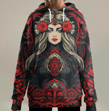 Женская энергия с красными цветами и символами мистики, Hoodie Long Oversize 3D