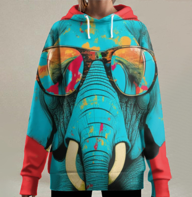 Яркий слон в очках с летней атмосферой, Hoodie Long Oversize 3D