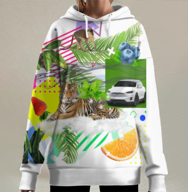 Сочная природа с тигром и современным автомобилем для настроения, Hoodie Long Oversize 3D
